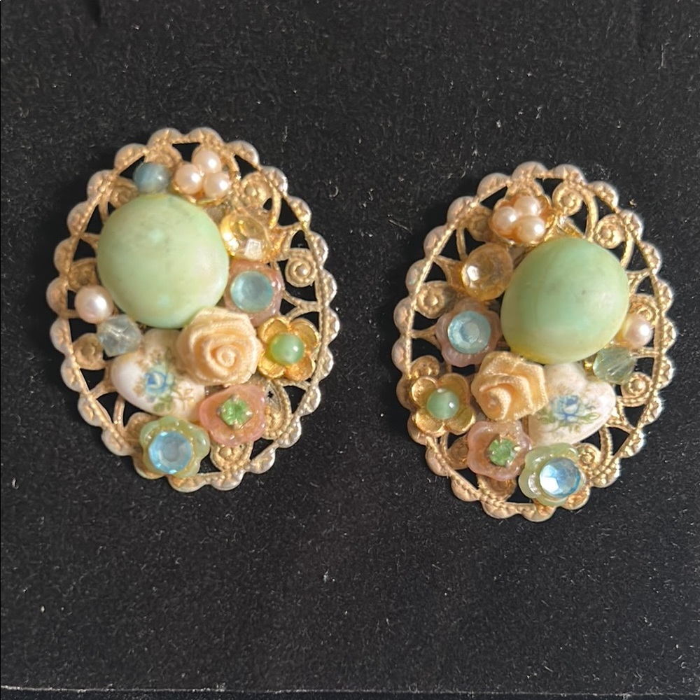 Vintage Gold and Green Floral Earrings
